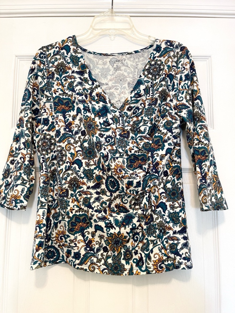Talbots MP Teal, blue, gold Floral Wrap-Style Top, 3/4 sleeve
